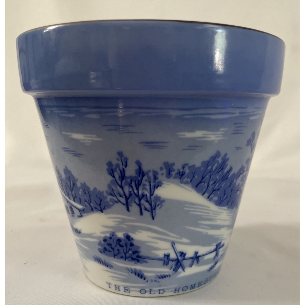 Vtg Currier andIves The Old Homestead in Winter Blue White Flower Pot Country - Picture 4 of 8